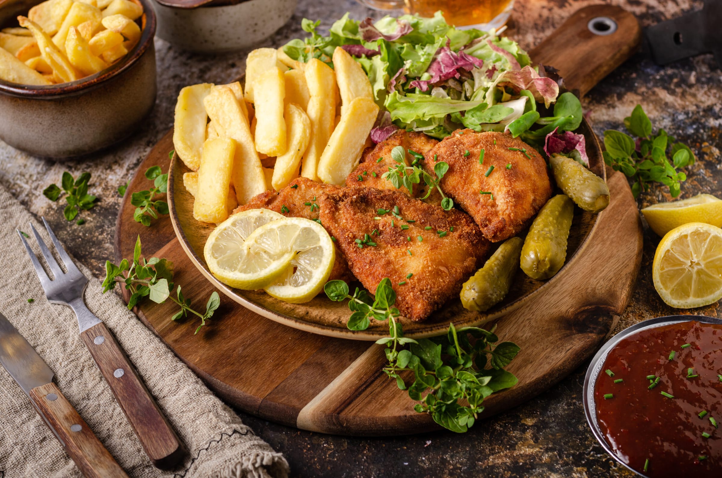 Schnitzel mit Pommes frites, Salat und Spreewaldgurken