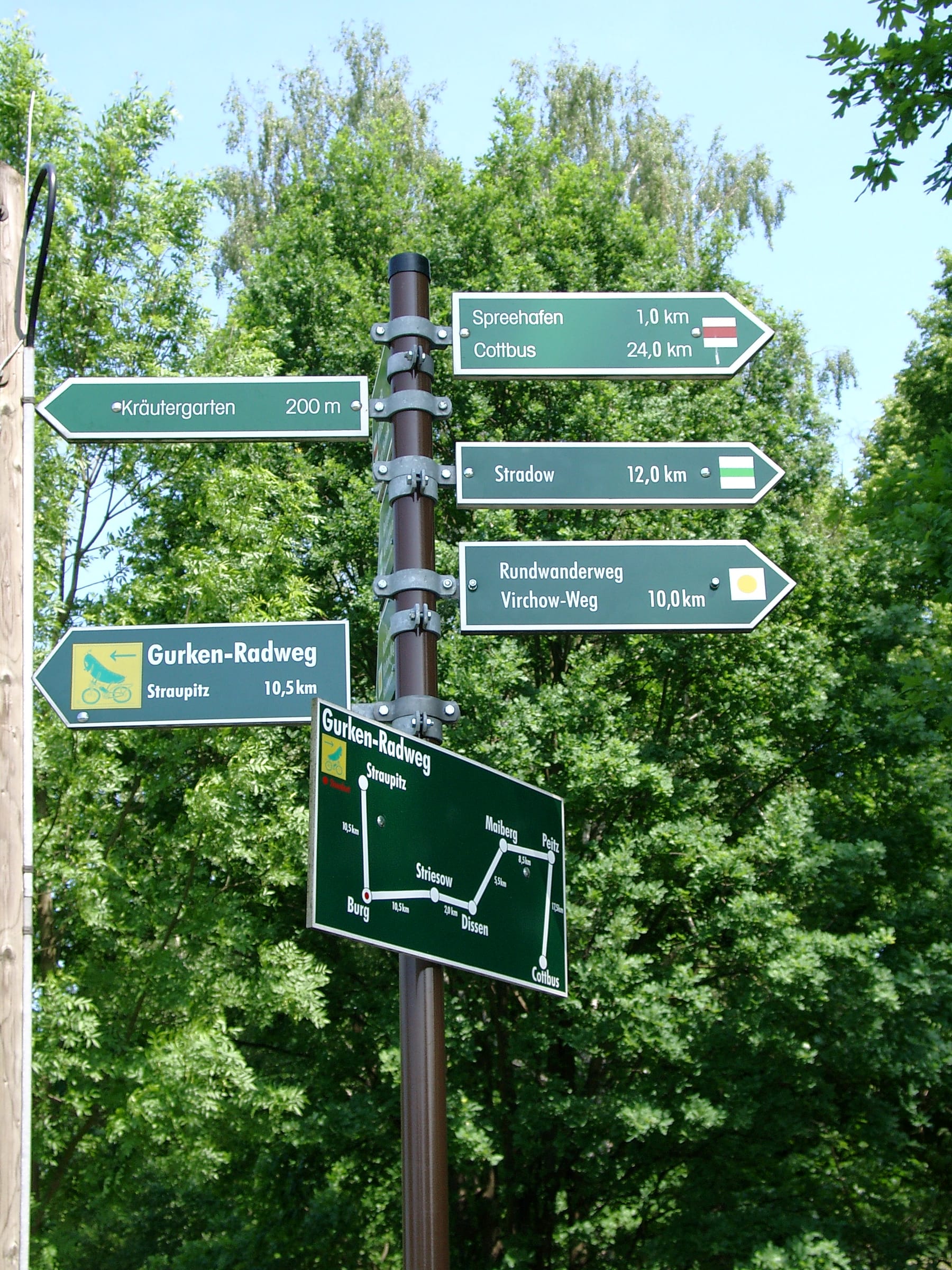 Radwegweiser im Spreewald mit Schildern zum Gurken-Radweg